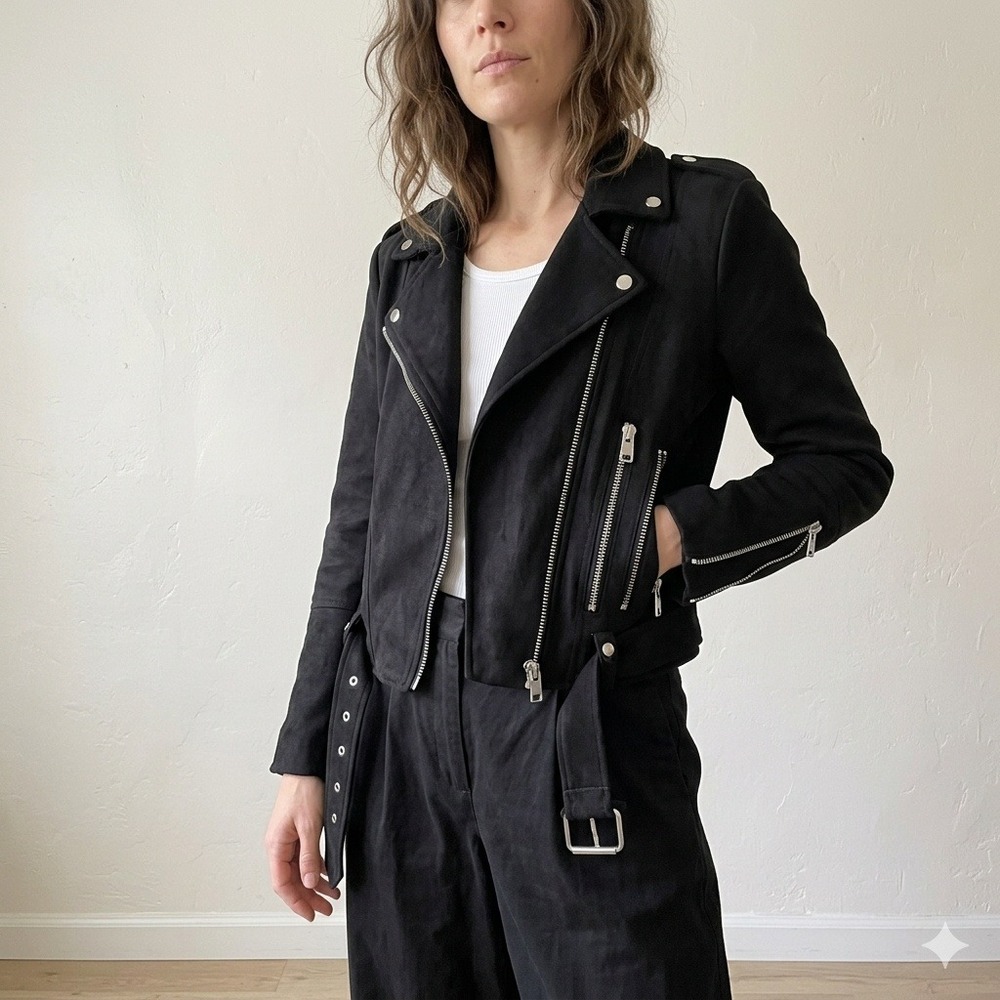 Zara‎ Jacket Women Small Black Faux Suede Belted Asymmetrical Moto Biker Edgy
